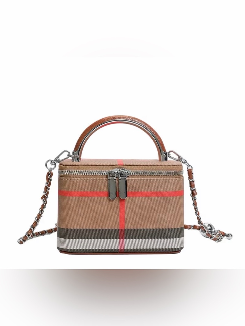 Structured Mini Top-Handle Fashion Crossbody in Tan with Red Accent